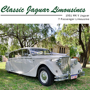 Classic Jaguar Limousine wedding car transport, Margaret River region